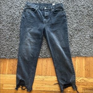 Free People Regular Mid Rise Black Raw Hem Cropped Button Fly Jeans Size 29